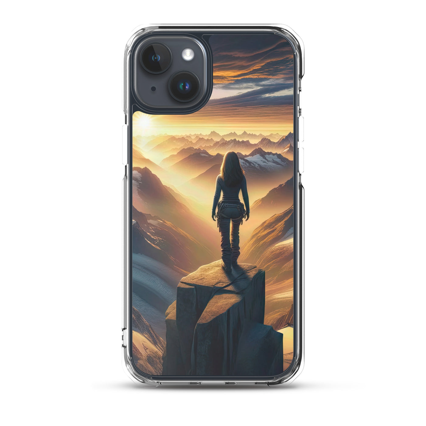 Fotorealistische Darstellung der Alpen bei Sonnenaufgang, Wanderin unter einem gold-purpurnen Himmel - iPhone Schutzhülle (durchsichtig) wandern xxx yyy zzz iPhone 15 Plus