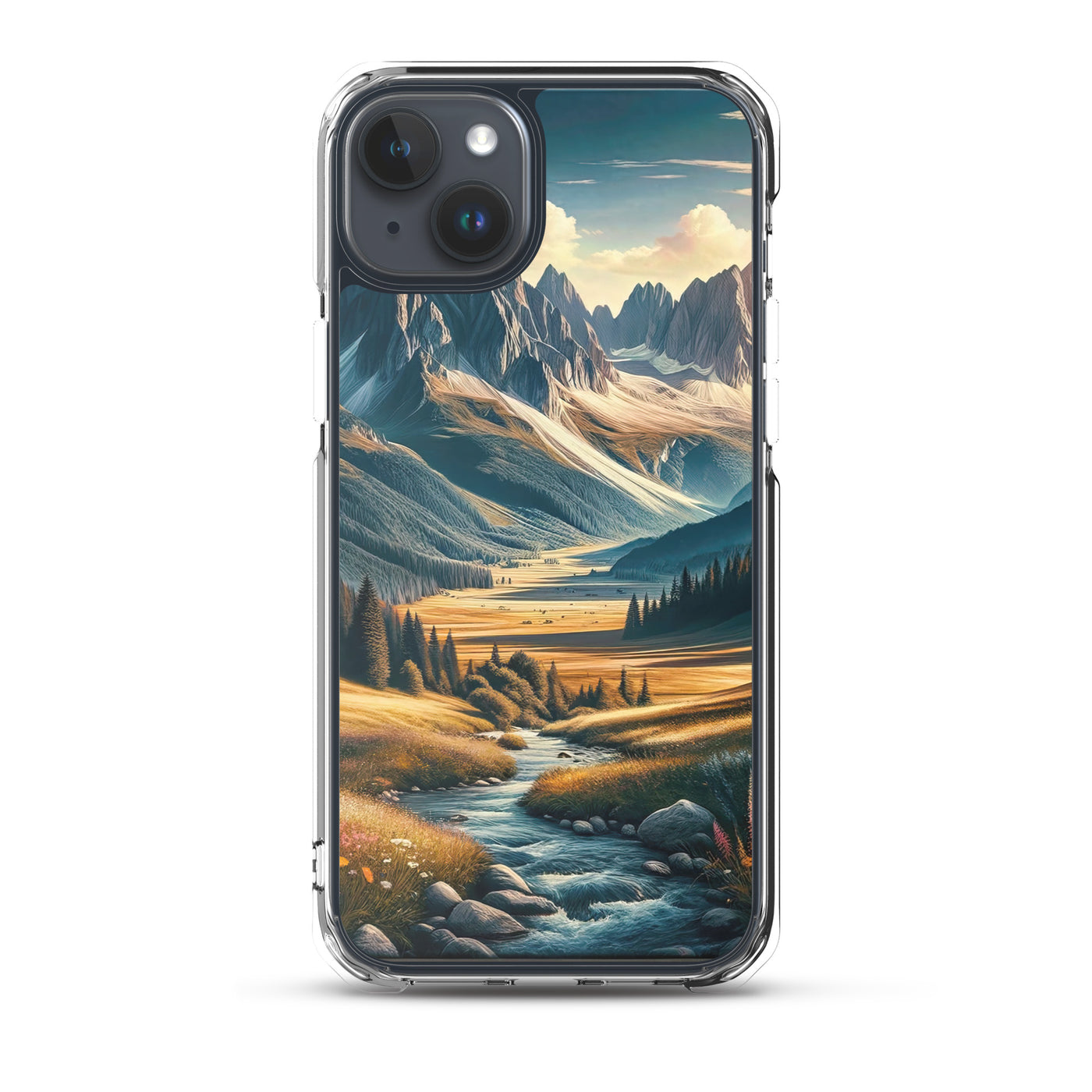 Quadratisches Kunstwerk der Alpen, majestätische Berge unter goldener Sonne - iPhone Schutzhülle (durchsichtig) berge xxx yyy zzz iPhone 15 Plus