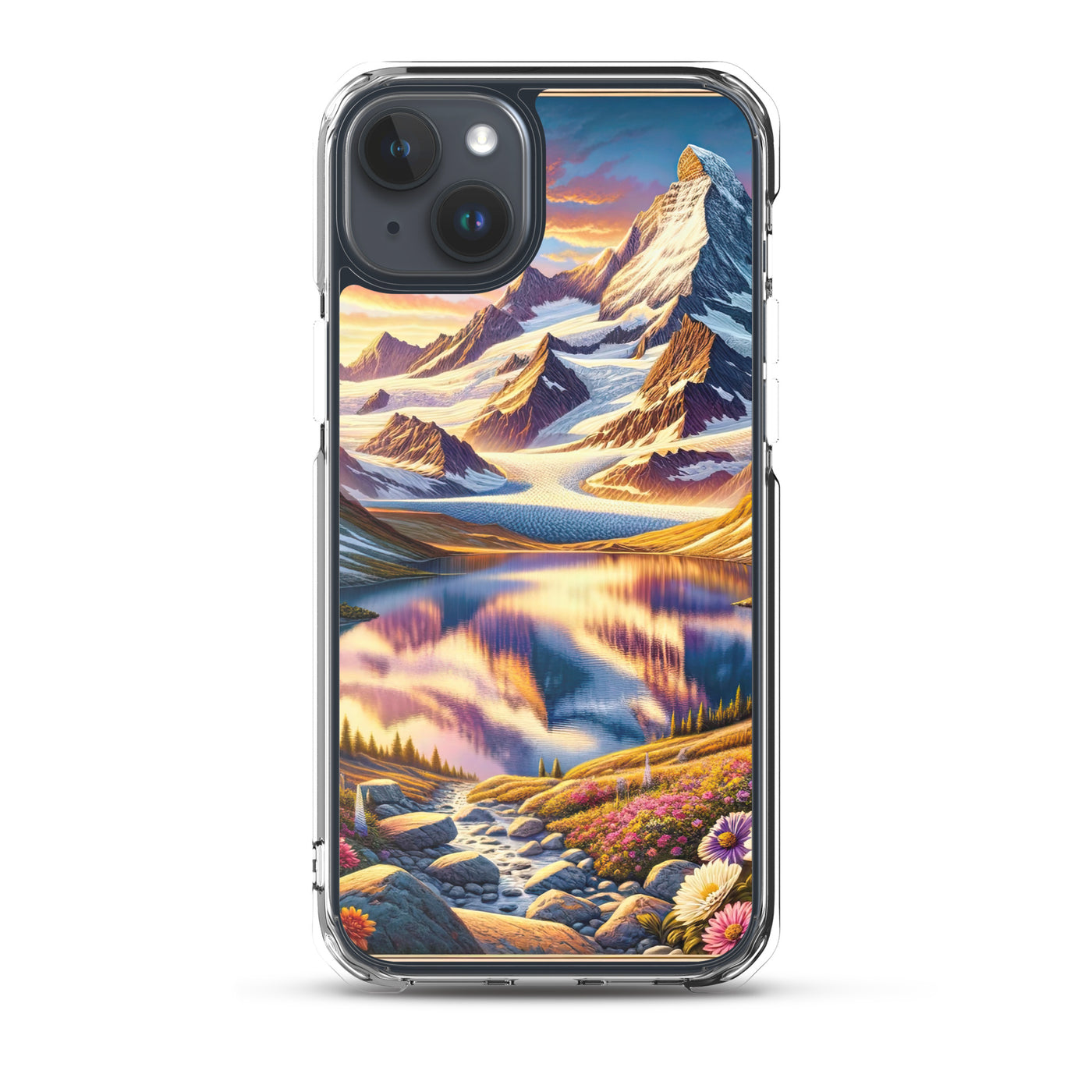 Quadratische Illustration der Alpen mit schneebedeckten Gipfeln und Wildblumen - iPhone Schutzhülle (durchsichtig) berge xxx yyy zzz iPhone 15 Plus