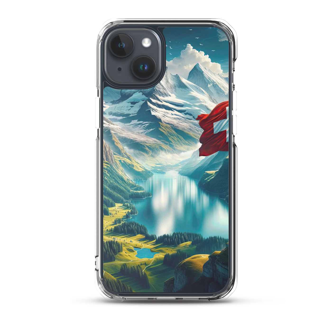 Ultraepische, fotorealistische Darstellung der Schweizer Alpenlandschaft mit Schweizer Flagge - iPhone Schutzhülle (durchsichtig) berge xxx yyy zzz iPhone 15 Plus