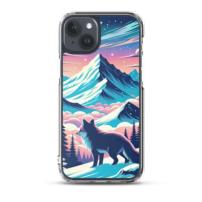 Vektorgrafik eines alpinen Winterwunderlandes mit schneebedeckten Kiefern und einem Fuchs - iPhone Schutzhülle (durchsichtig) camping xxx yyy zzz iPhone 15 Plus