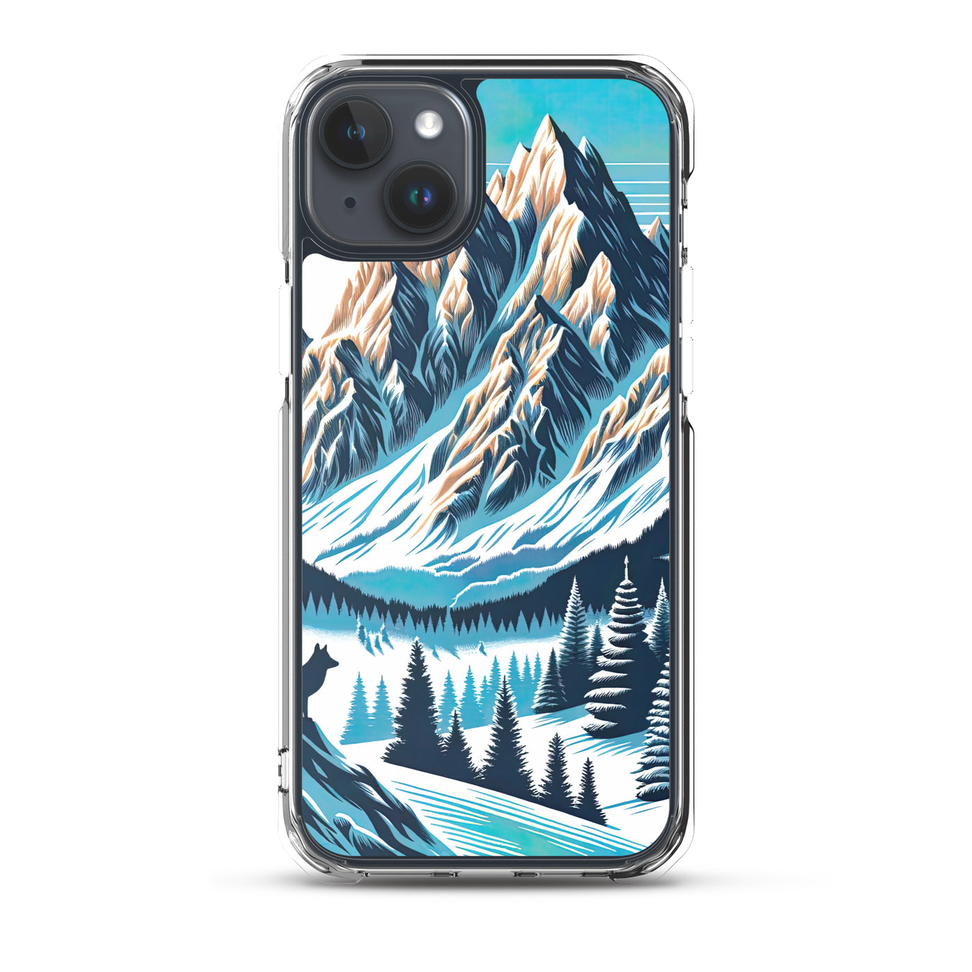 Vektorgrafik eines Wolfes im winterlichen Alpenmorgen, Berge mit Schnee- und Felsmustern - iPhone Schutzhülle (durchsichtig) berge xxx yyy zzz iPhone 15 Plus