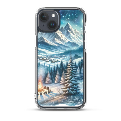 Aquarell eines Winterabends in den Alpen mit Lagerfeuer und Wanderern, glitzernder Neuschnee - iPhone Schutzhülle (durchsichtig) camping xxx yyy zzz iPhone 15 Plus