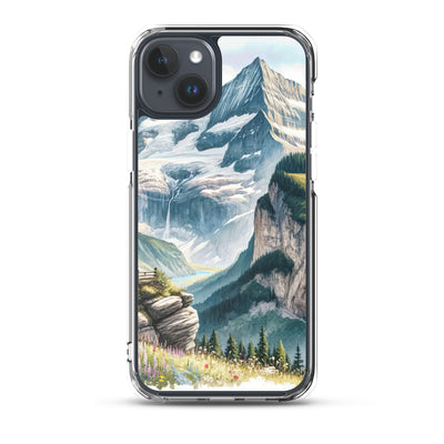 Aquarell-Panoramablick der Alpen mit schneebedeckten Gipfeln, Wasserfällen und Wanderern - iPhone Schutzhülle (durchsichtig) wandern xxx yyy zzz iPhone 15 Plus