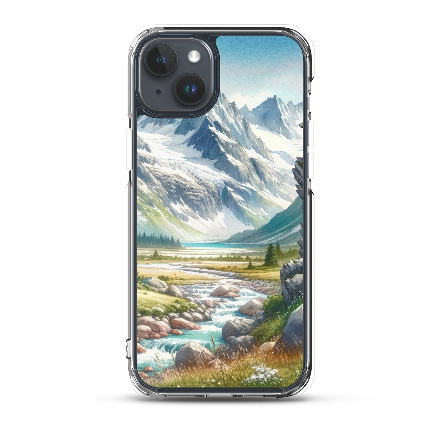 Aquarellmalerei eines Bären und der sommerlichen Alpenschönheit mit schneebedeckten Ketten - iPhone Schutzhülle (durchsichtig) camping xxx yyy zzz iPhone 15 Plus