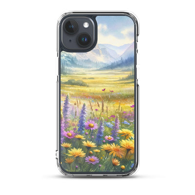 Aquarell einer Almwiese in Ruhe, Wildblumenteppich in Gelb, Lila, Rosa - iPhone Schutzhülle (durchsichtig) berge xxx yyy zzz iPhone 15 Plus