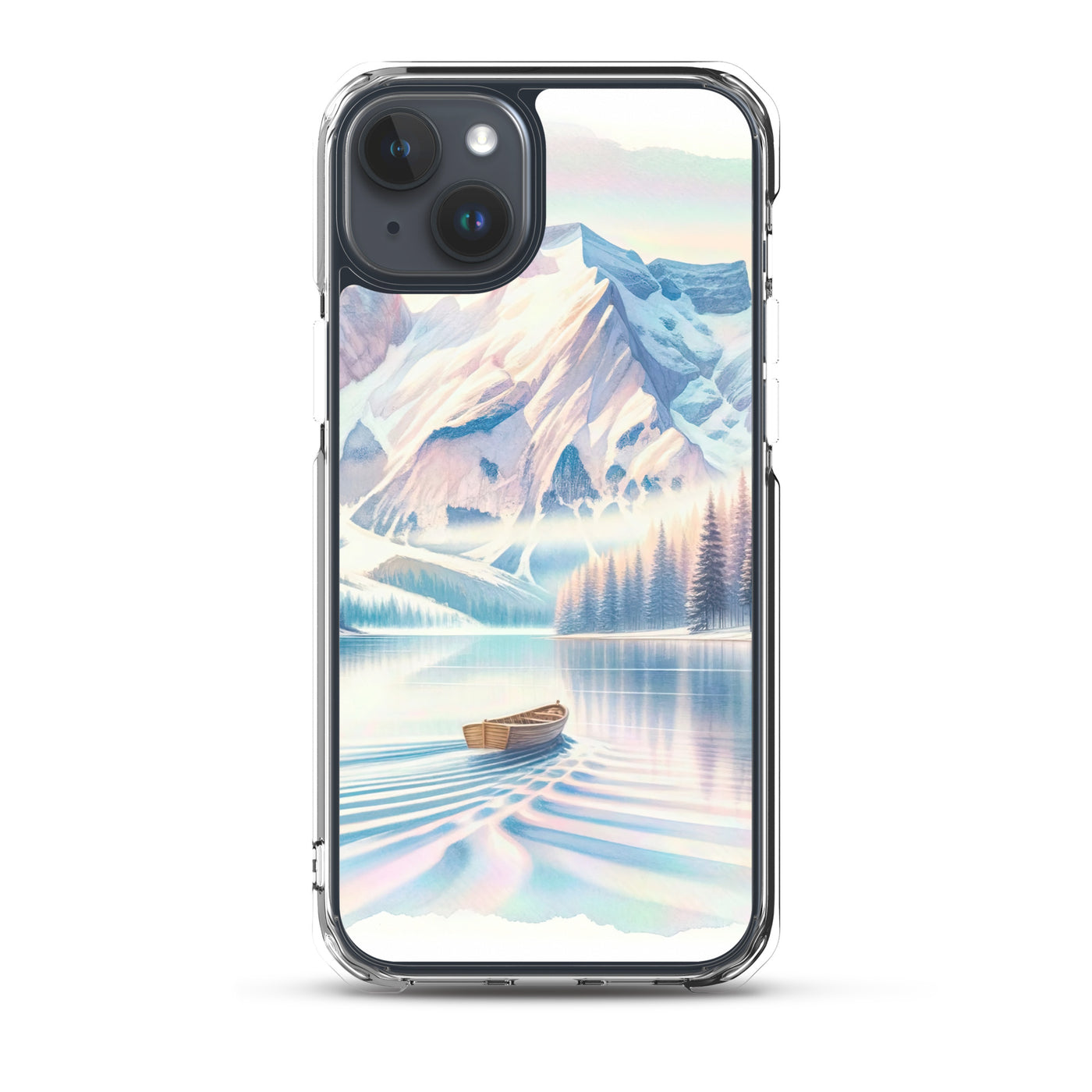 Aquarell eines klaren Alpenmorgens, Boot auf Bergsee in Pastelltönen - iPhone Schutzhülle (durchsichtig) berge xxx yyy zzz iPhone 15 Plus