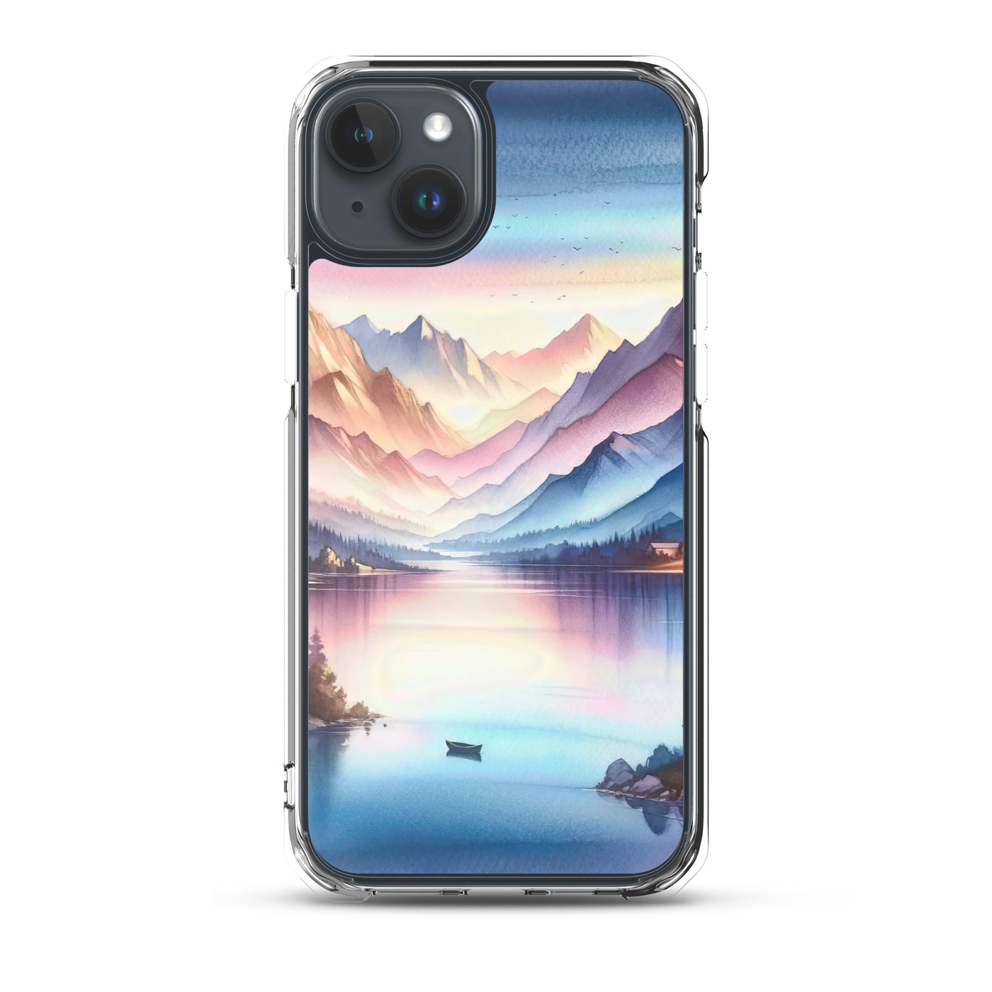 Aquarell einer Dämmerung in den Alpen, Boot auf einem See in Pastell-Licht - iPhone Schutzhülle (durchsichtig) berge xxx yyy zzz iPhone 15 Plus
