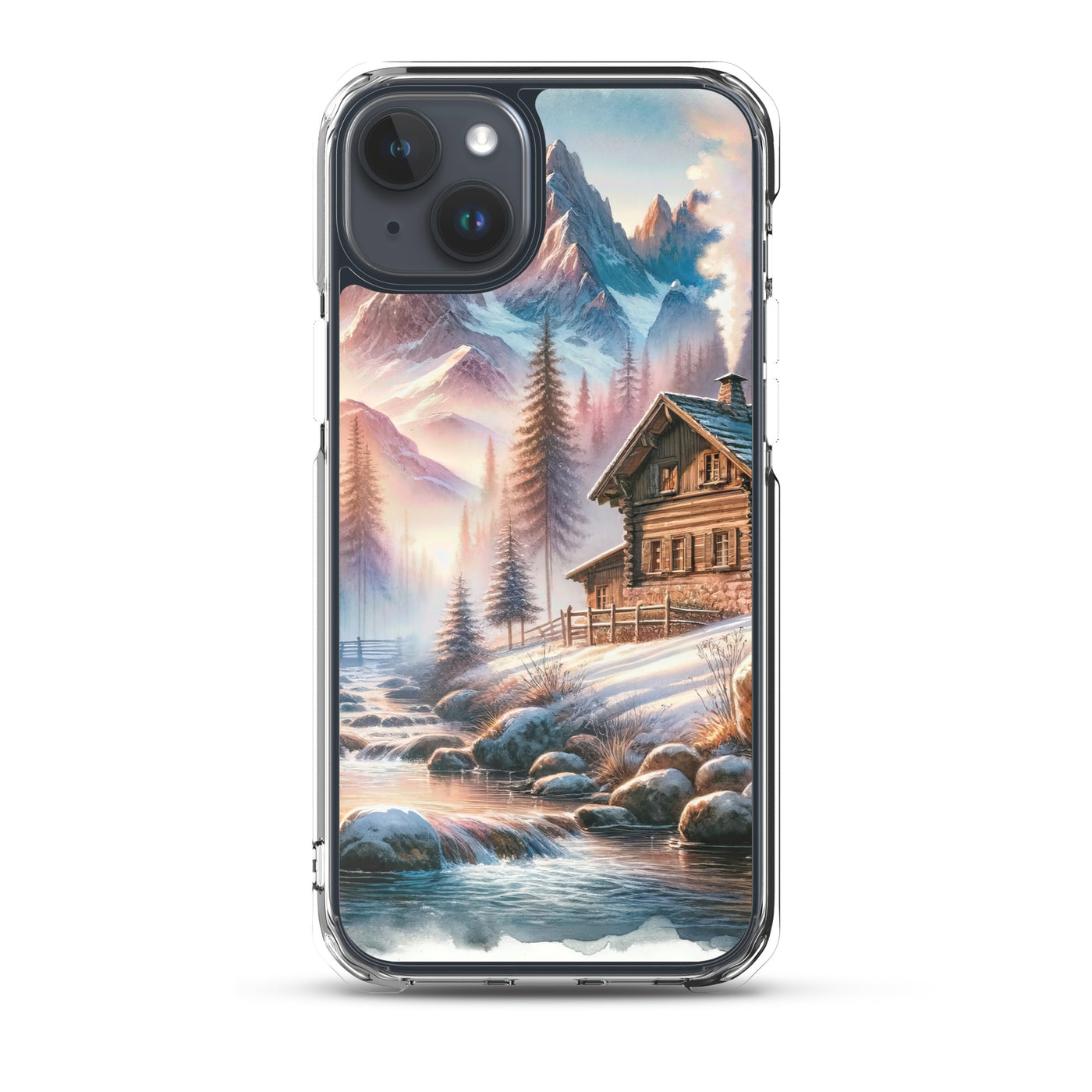 Aquarell einer Alpenszene im Morgengrauen, Haus in den Bergen - iPhone Schutzhülle (durchsichtig) berge xxx yyy zzz iPhone 15 Plus