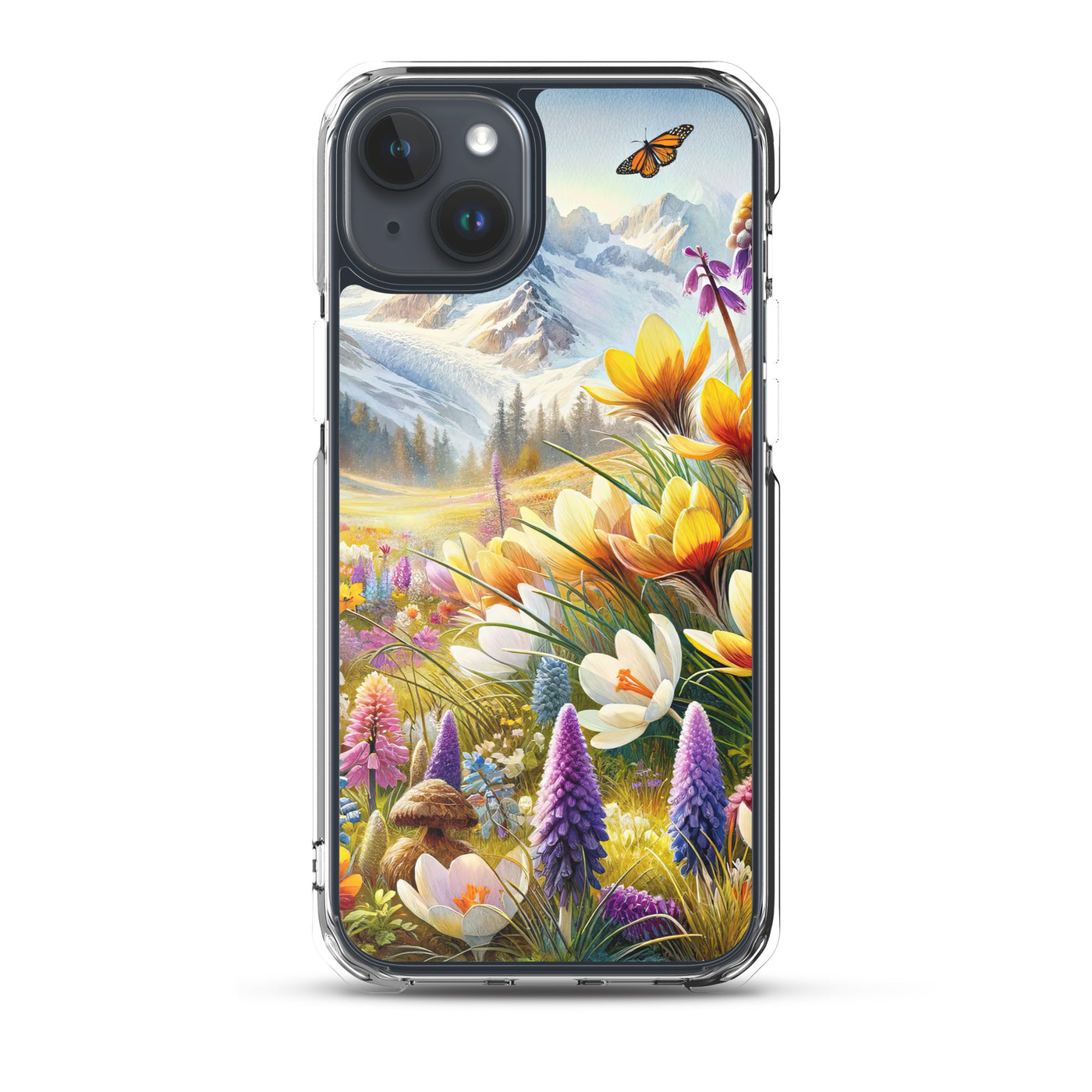 Aquarell einer ruhigen Almwiese, farbenfrohe Bergblumen in den Alpen - iPhone Schutzhülle (durchsichtig) berge xxx yyy zzz iPhone 15 Plus