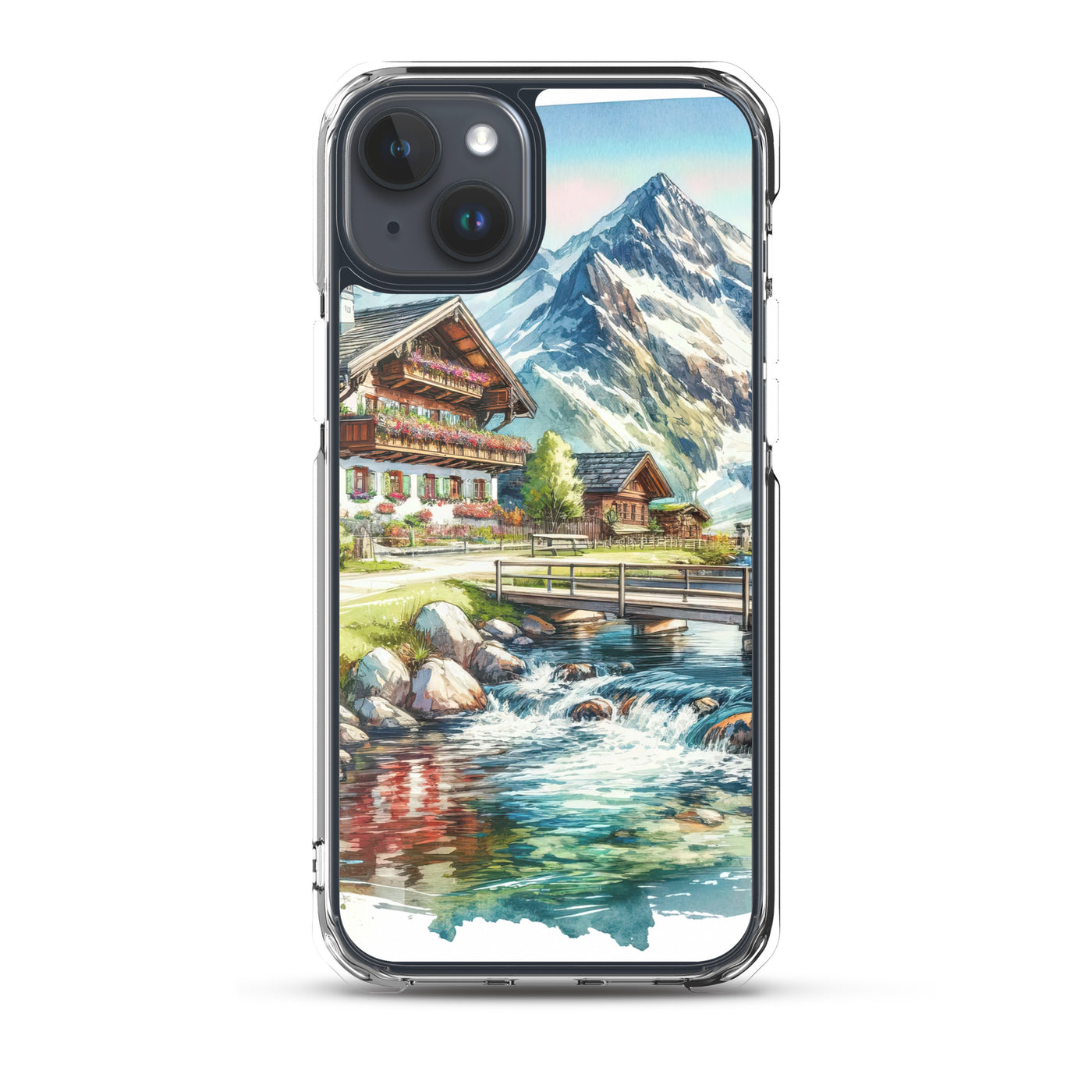 Aquarell der frühlingshaften Alpenkette mit österreichischer Flagge und schmelzendem Schnee - iPhone Schutzhülle (durchsichtig) berge xxx yyy zzz iPhone 15 Plus