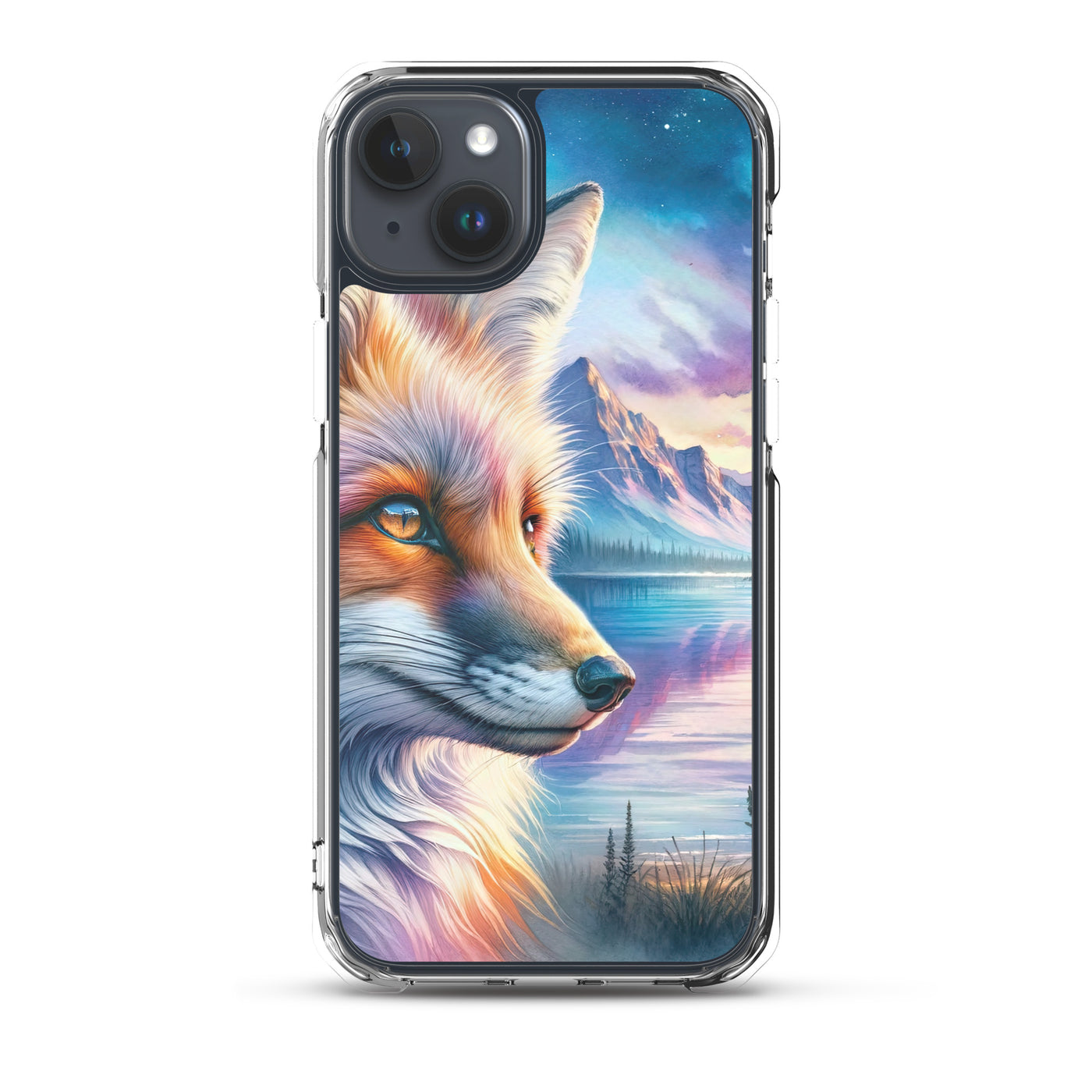 Aquarellporträt eines Fuchses im Dämmerlicht am Bergsee - iPhone Schutzhülle (durchsichtig) camping xxx yyy zzz iPhone 15 Plus