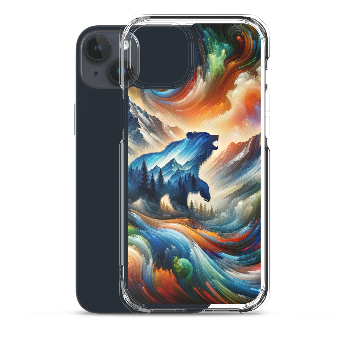 Lebendige Alpen und Bären Sillhouette über Berggipfel - Abstraktes Gemälde - iPhone Schutzhülle (durchsichtig) camping xxx yyy zzz