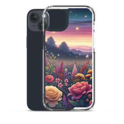 Skurriles Blumenfeld in Dämmerung, farbenfrohe Rosen, Lilien, Ringelblumen - iPhone Schutzhülle (durchsichtig) camping xxx yyy zzz