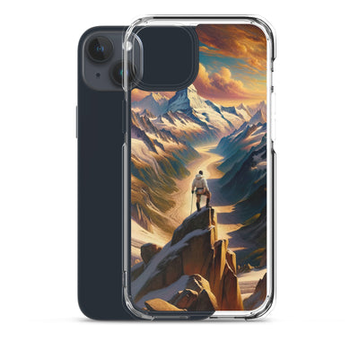 Ölgemälde eines Wanderers auf einem Hügel mit Panoramablick auf schneebedeckte Alpen und goldenen Himmel - iPhone Schutzhülle (durchsichtig) wandern xxx yyy zzz