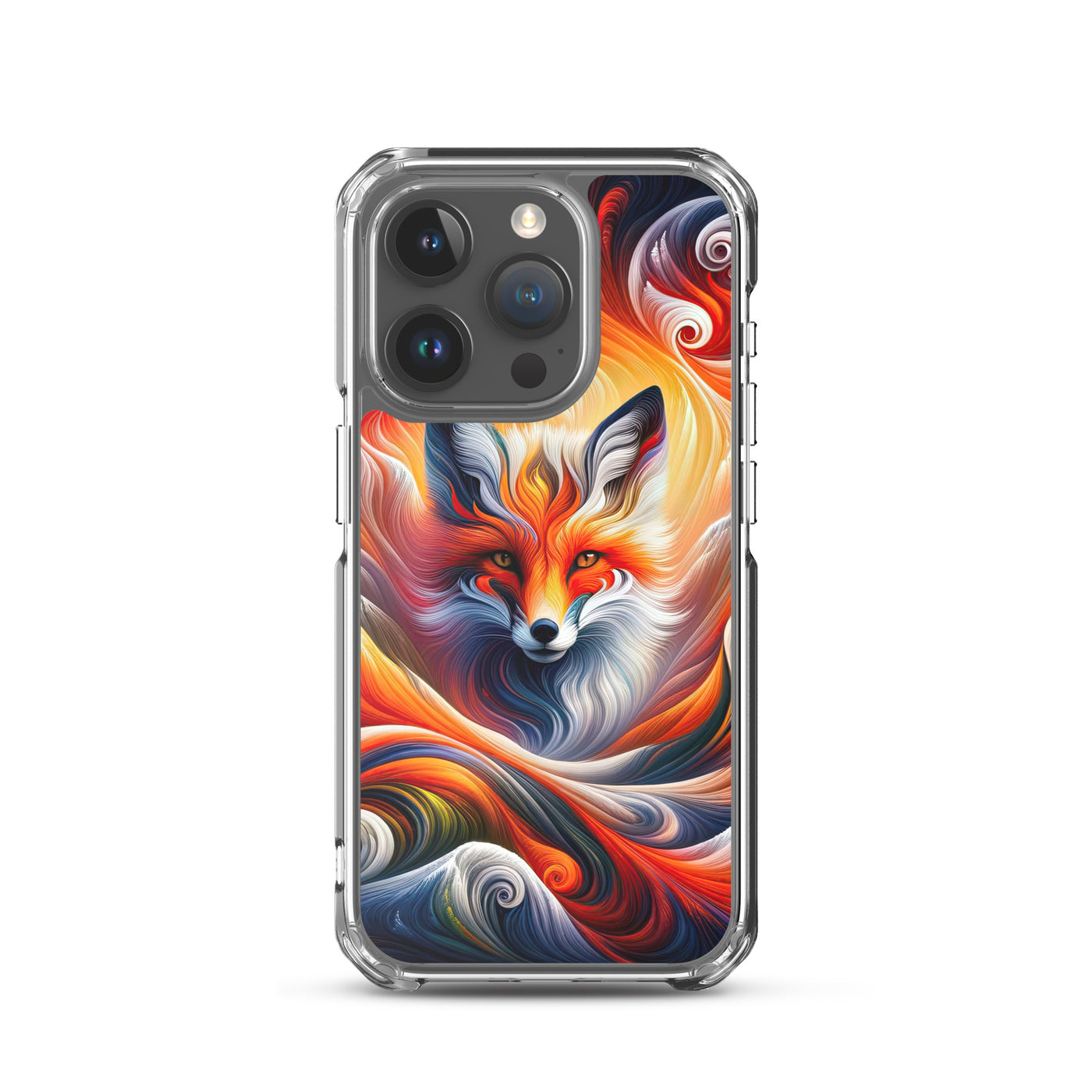 Abstraktes Kunstwerk, das den Geist der Alpen verkörpert. Leuchtender Fuchs in den Farben Orange, Rot, Weiß - iPhone Schutzhülle (durchsichtig) camping xxx yyy zzz iPhone 15 Pro