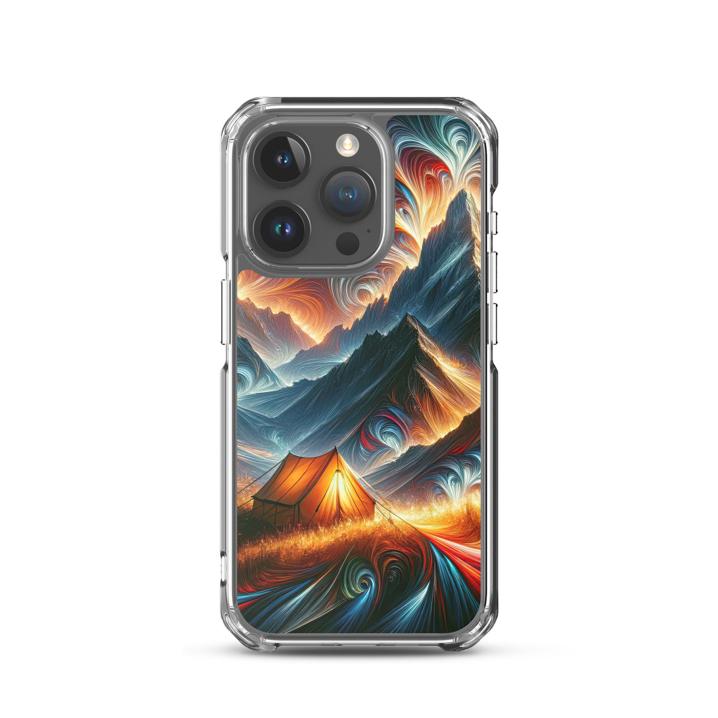 Abstrakte Kunst der Alpen, wo die Berge mit dynamischen Farben und Mustern pulsieren und eine Szene Energie schaffen - Schutzhülle camping xxx yyy zzz iPhone 15 Pro