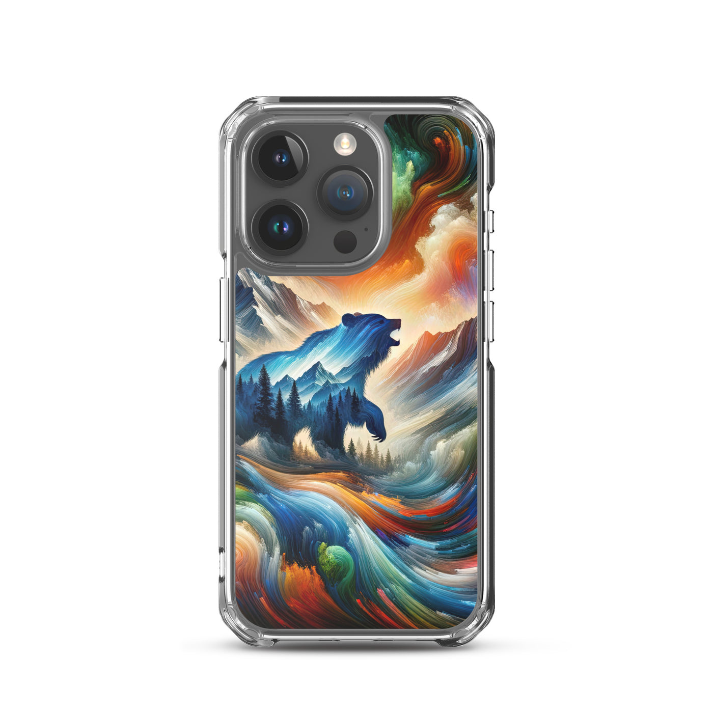 Lebendige Alpen und Bären Sillhouette über Berggipfel - Abstraktes Gemälde - iPhone Schutzhülle (durchsichtig) camping xxx yyy zzz iPhone 15 Pro