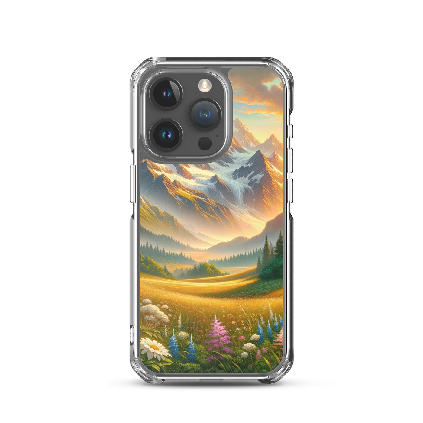 Heitere Alpenschönheit: Schneeberge und Wildblumenwiesen - iPhone Schutzhülle (durchsichtig) berge xxx yyy zzz iPhone 15 Pro