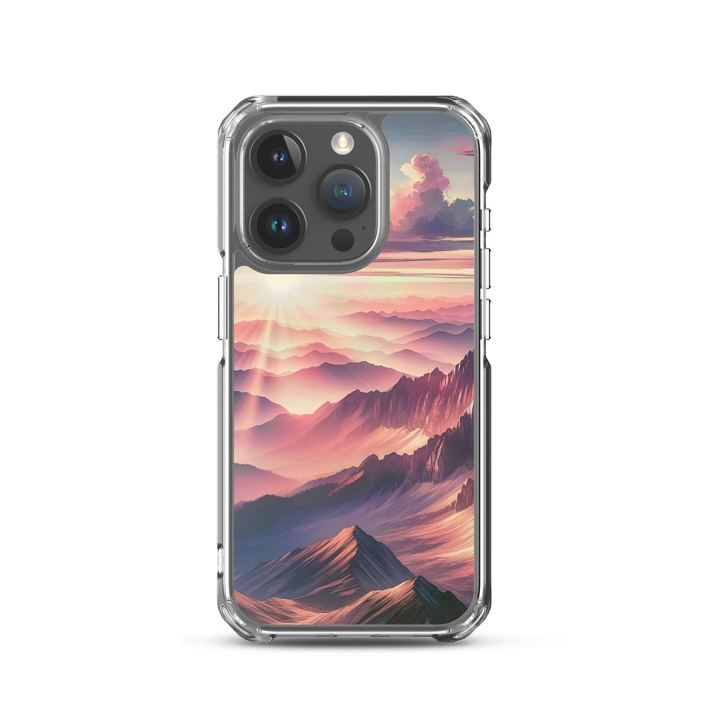 Schöne Berge bei Sonnenaufgang: Malerei in Pastelltönen - iPhone Schutzhülle (durchsichtig) berge xxx yyy zzz iPhone 15 Pro