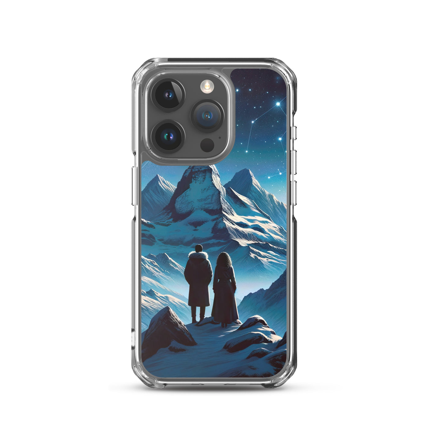 Alpenwinternacht: Digitale Kunst mit Wanderern in Bergen und Sternenhimmel - iPhone Schutzhülle (durchsichtig) wandern xxx yyy zzz iPhone 15 Pro