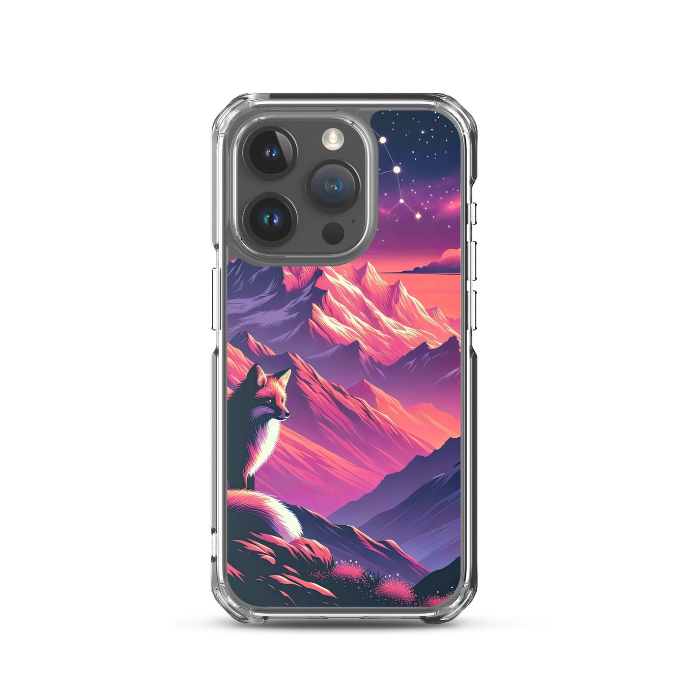 Fuchs im dramatischen Sonnenuntergang: Digitale Bergillustration in Abendfarben - iPhone Schutzhülle (durchsichtig) camping xxx yyy zzz iPhone 15 Pro