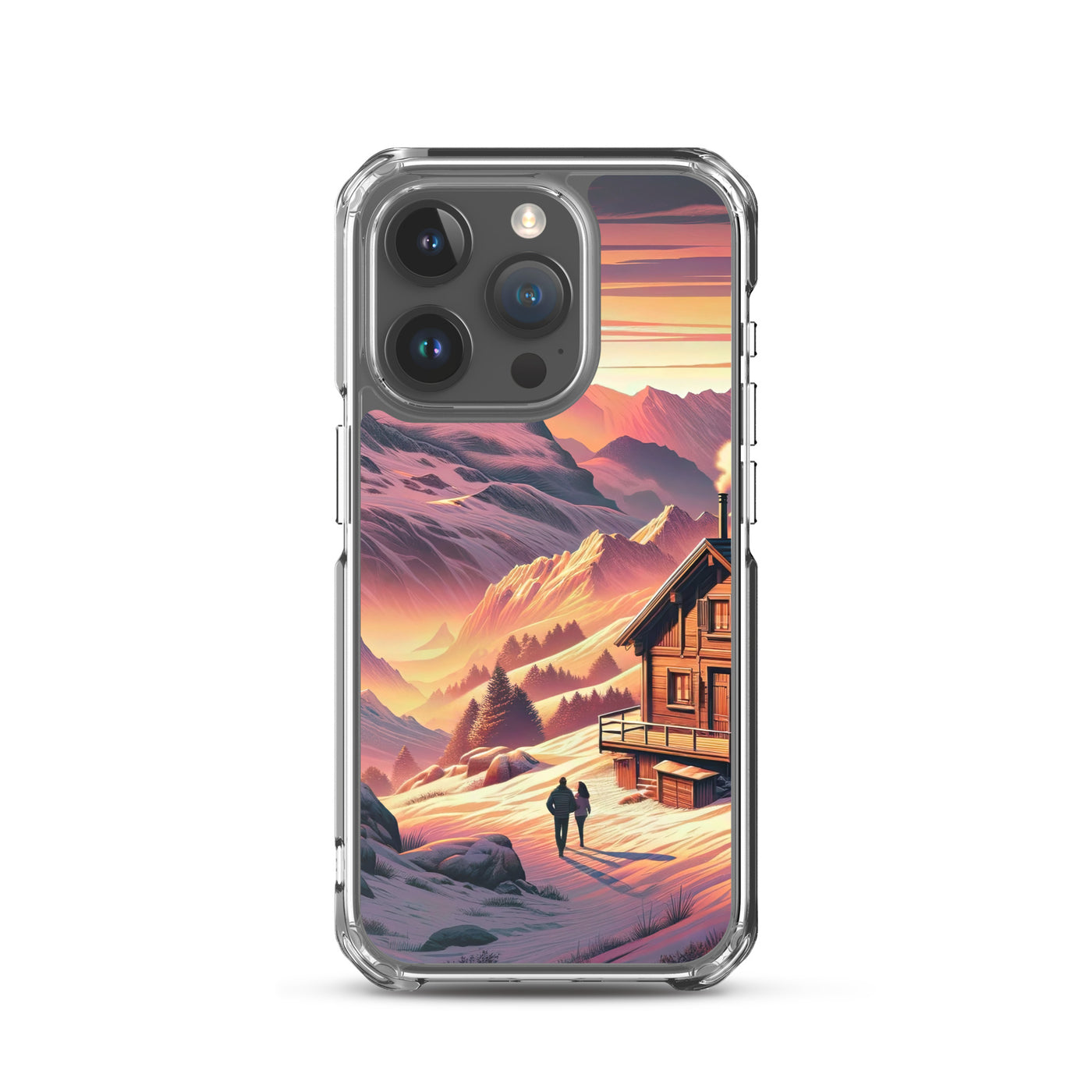 Berghütte im goldenen Sonnenuntergang: Digitale Alpenillustration - iPhone Schutzhülle (durchsichtig) berge xxx yyy zzz iPhone 15 Pro