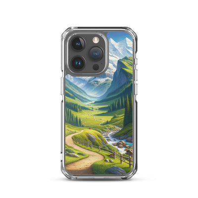 Wanderer in den Bergen und Wald: Digitale Malerei mit grünen kurvenreichen Pfaden - iPhone Schutzhülle (durchsichtig) wandern xxx yyy zzz iPhone 15 Pro