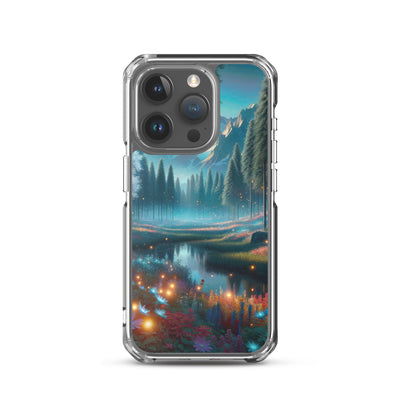 Ätherischer Alpenwald: Digitale Darstellung mit leuchtenden Bäumen und Blumen - iPhone Schutzhülle (durchsichtig) camping xxx yyy zzz iPhone 15 Pro