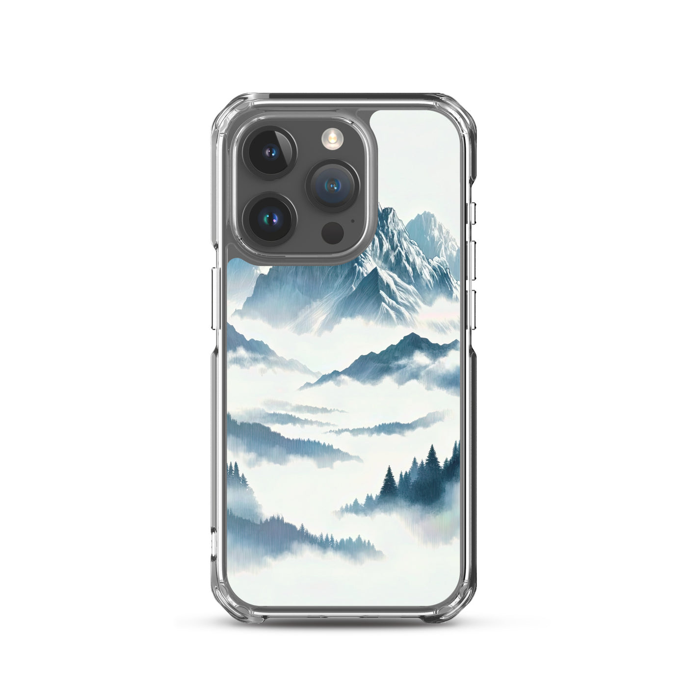 Nebeliger Alpenmorgen-Essenz, verdeckte Täler und Wälder - iPhone Schutzhülle (durchsichtig) berge xxx yyy zzz iPhone 15 Pro