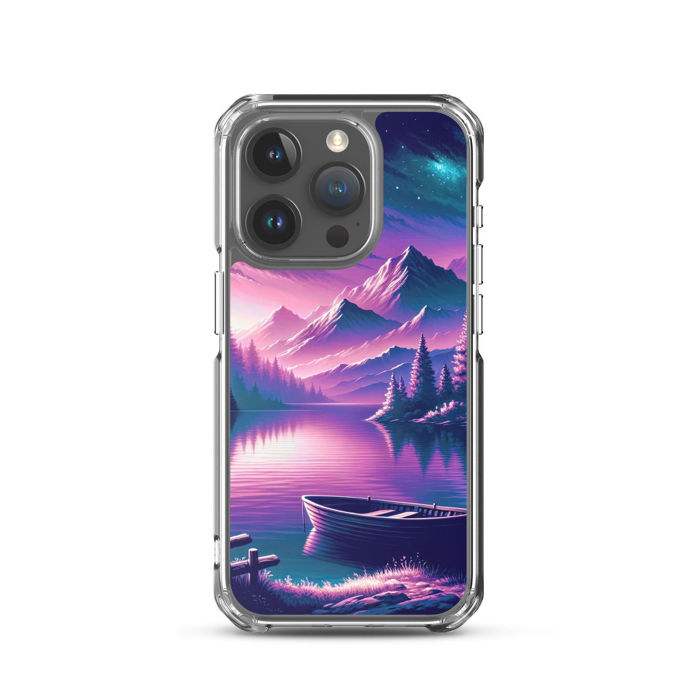 Magische Alpen-Dämmerung, rosa-lila Himmel und Bergsee mit Boot - iPhone Schutzhülle (durchsichtig) berge xxx yyy zzz iPhone 15 Pro