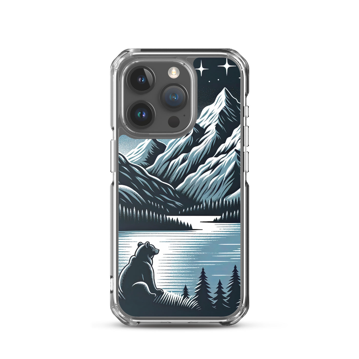 Bär in Alpen-Mondnacht, silberne Berge, schimmernde Seen - iPhone Schutzhülle (durchsichtig) camping xxx yyy zzz iPhone 15 Pro