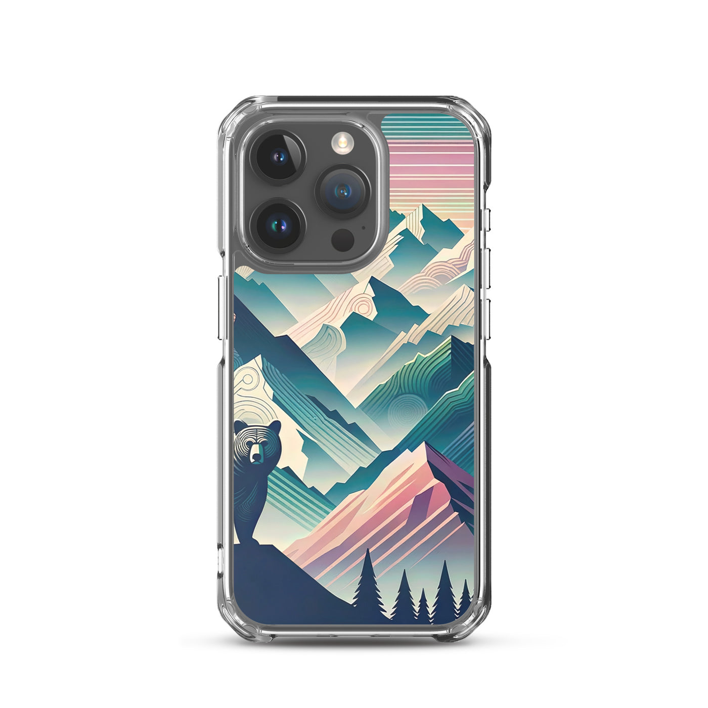 Bär im Panoramablick der Alpen, moderne Kunst-Gebirgsschichten - iPhone Schutzhülle (durchsichtig) camping xxx yyy zzz iPhone 15 Pro