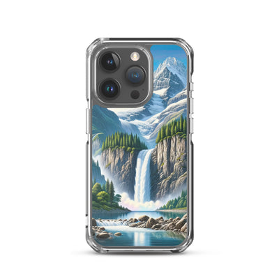Illustration einer unberührten Alpenkulisse im Hochsommer. Wasserfall und See - iPhone Schutzhülle (durchsichtig) berge xxx yyy zzz iPhone 15 Pro