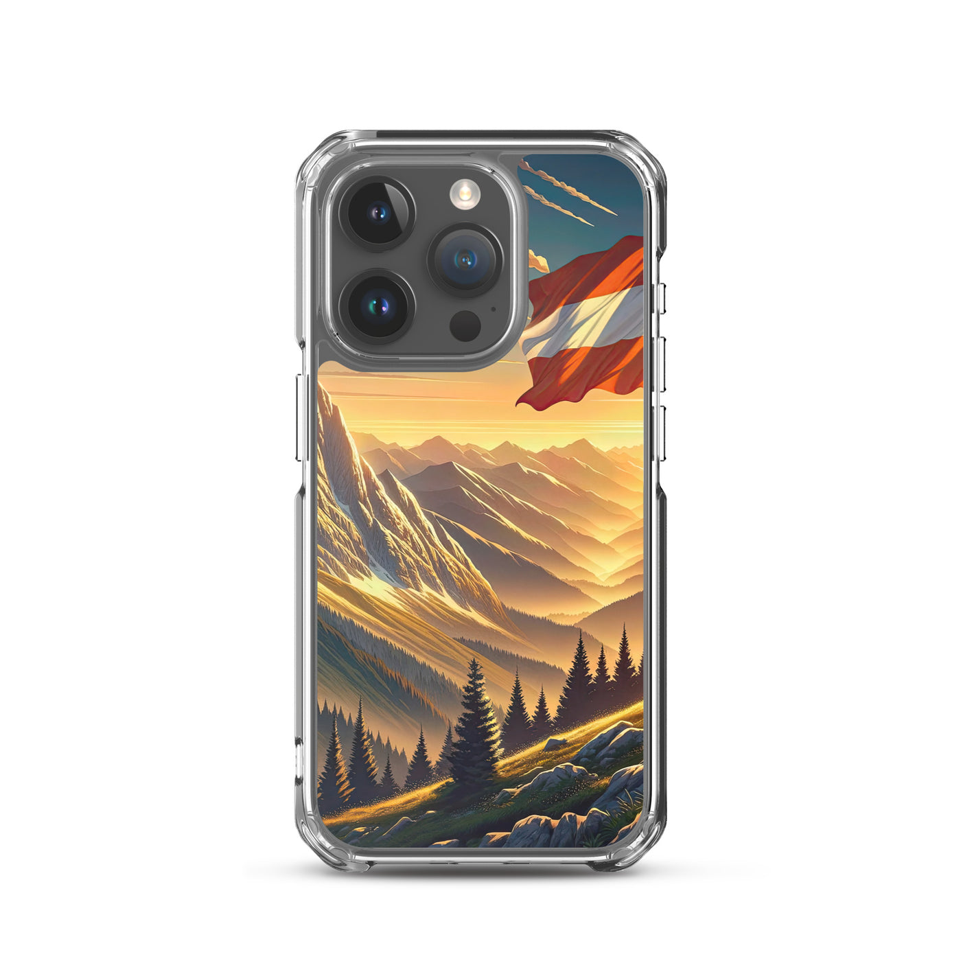 Ruhiger Alpenabend mit österreichischer Flagge und goldenem Sonnenuntergang - iPhone Schutzhülle (durchsichtig) berge xxx yyy zzz iPhone 15 Pro