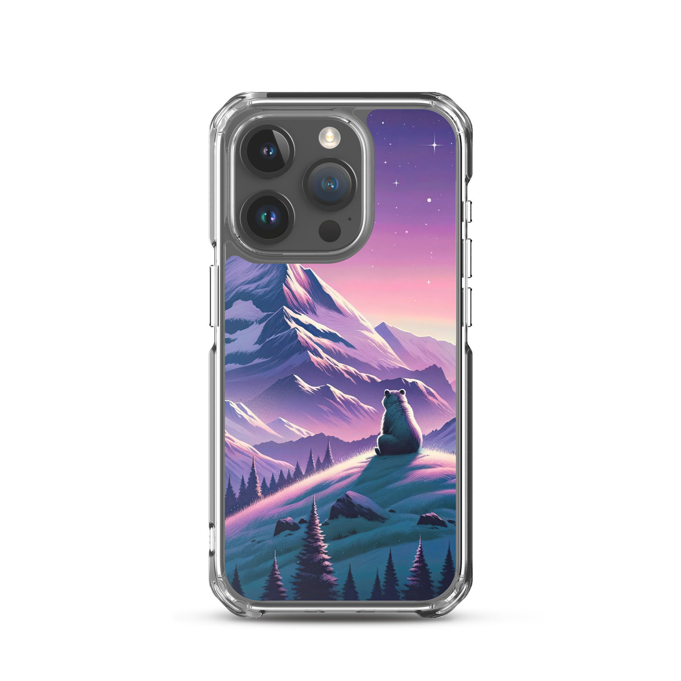Bezaubernder Alpenabend mit Bär, lavendel-rosafarbener Himmel (AN) - iPhone Schutzhülle (durchsichtig) xxx yyy zzz iPhone 15 Pro