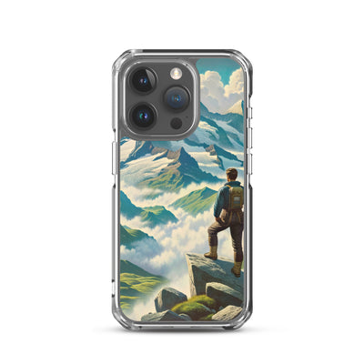 Panoramablick der Alpen mit Wanderer auf einem Hügel und schroffen Gipfeln - iPhone Schutzhülle (durchsichtig) wandern xxx yyy zzz iPhone 15 Pro