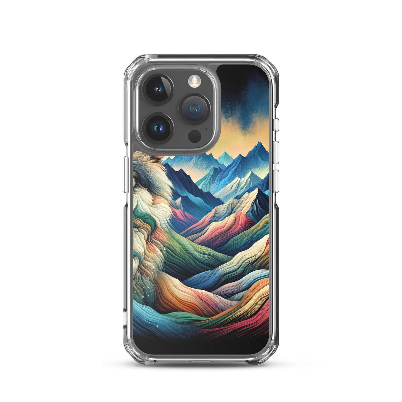 Traumhaftes Alpenpanorama mit Wolf in wechselnden Farben und Mustern (AN) - iPhone Schutzhülle (durchsichtig) xxx yyy zzz iPhone 15 Pro