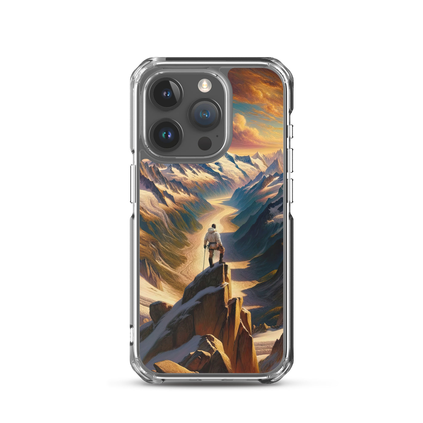 Ölgemälde eines Wanderers auf einem Hügel mit Panoramablick auf schneebedeckte Alpen und goldenen Himmel - iPhone Schutzhülle (durchsichtig) wandern xxx yyy zzz iPhone 15 Pro