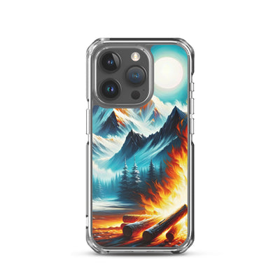 Ölgemälde von Feuer und Eis: Lagerfeuer und Alpen im Kontrast, warme Flammen - iPhone Schutzhülle (durchsichtig) camping xxx yyy zzz iPhone 15 Pro