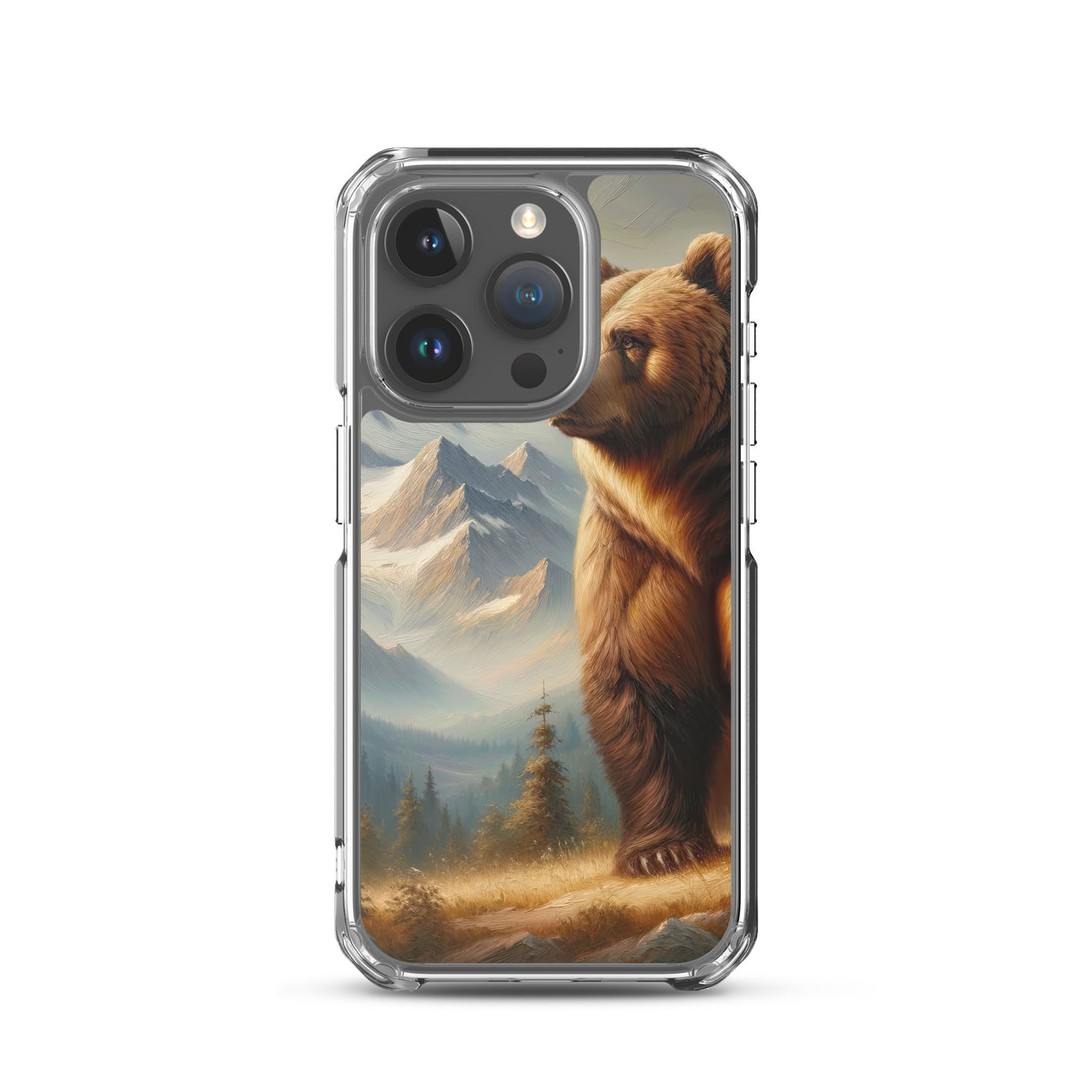 Ölgemälde eines königlichen Bären vor der majestätischen Alpenkulisse - iPhone Schutzhülle (durchsichtig) camping xxx yyy zzz iPhone 15 Pro
