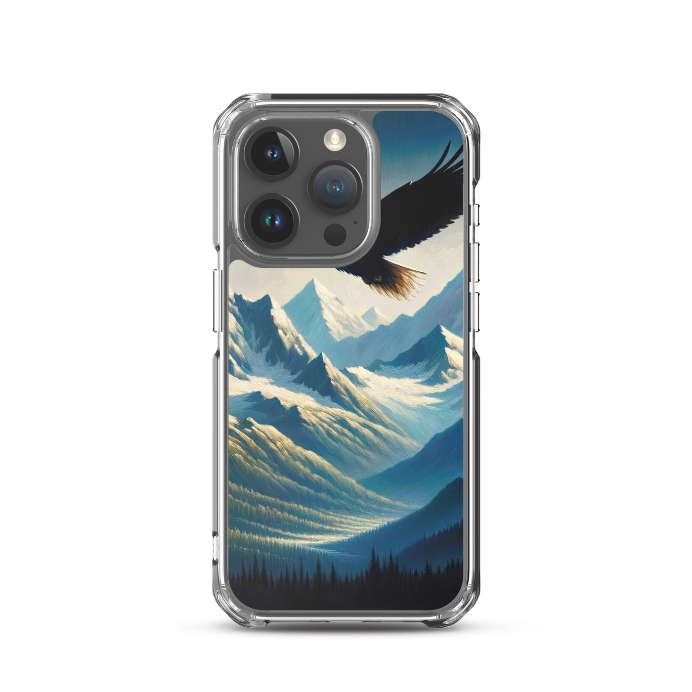 Ölgemälde eines Adlers vor schneebedeckten Bergsilhouetten - iPhone Schutzhülle (durchsichtig) berge xxx yyy zzz iPhone 15 Pro