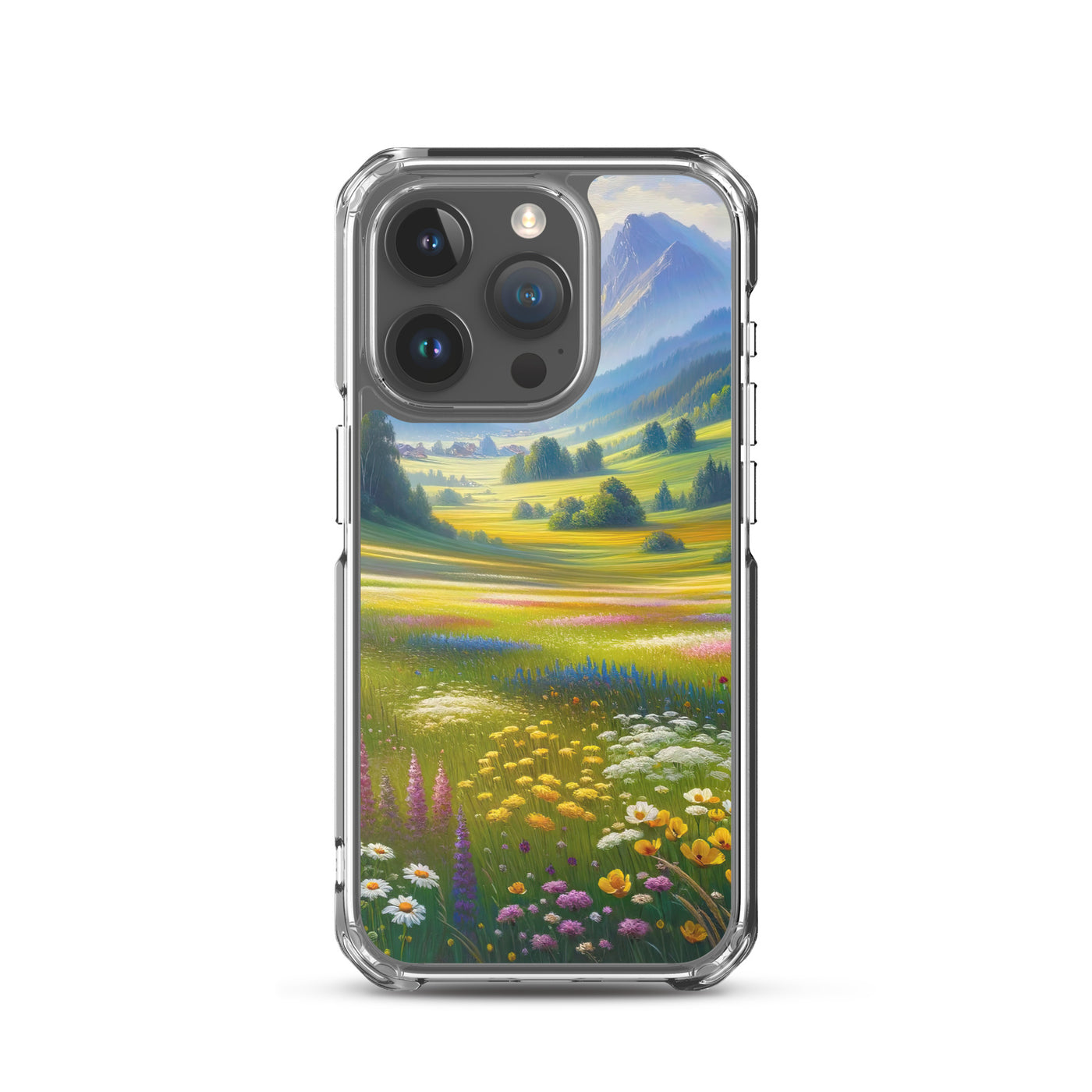 Ölgemälde einer Almwiese, Meer aus Wildblumen in Gelb- und Lilatönen - iPhone Schutzhülle (durchsichtig) berge xxx yyy zzz iPhone 15 Pro