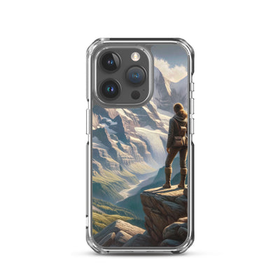 Ölgemälde der Alpengipfel mit Schweizer Abenteurerin auf Felsvorsprung - iPhone Schutzhülle (durchsichtig) wandern xxx yyy zzz iPhone 15 Pro