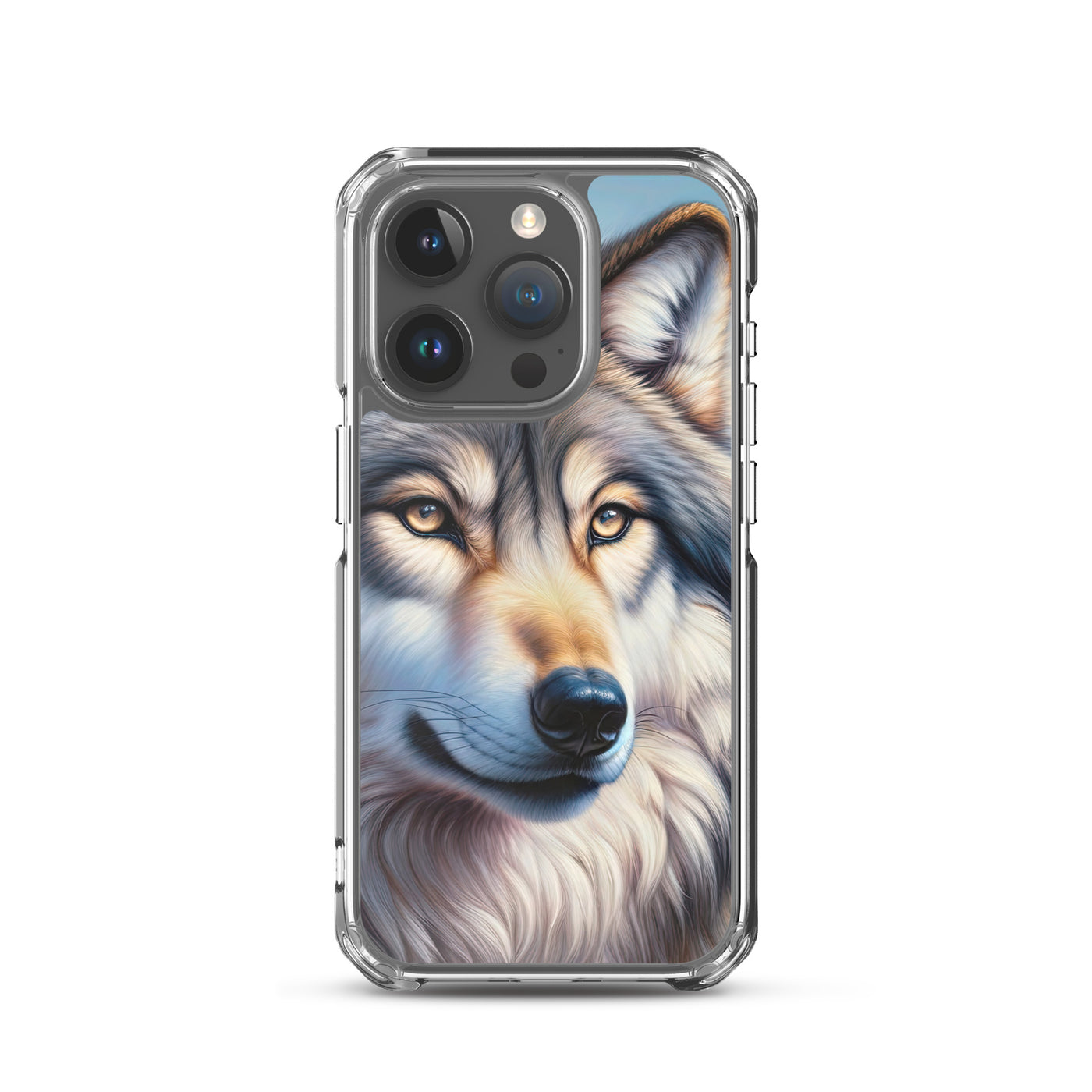 Ölgemäldeporträt eines majestätischen Wolfes mit intensiven Augen in der Berglandschaft (AN) - iPhone Schutzhülle (durchsichtig) xxx yyy zzz iPhone 15 Pro