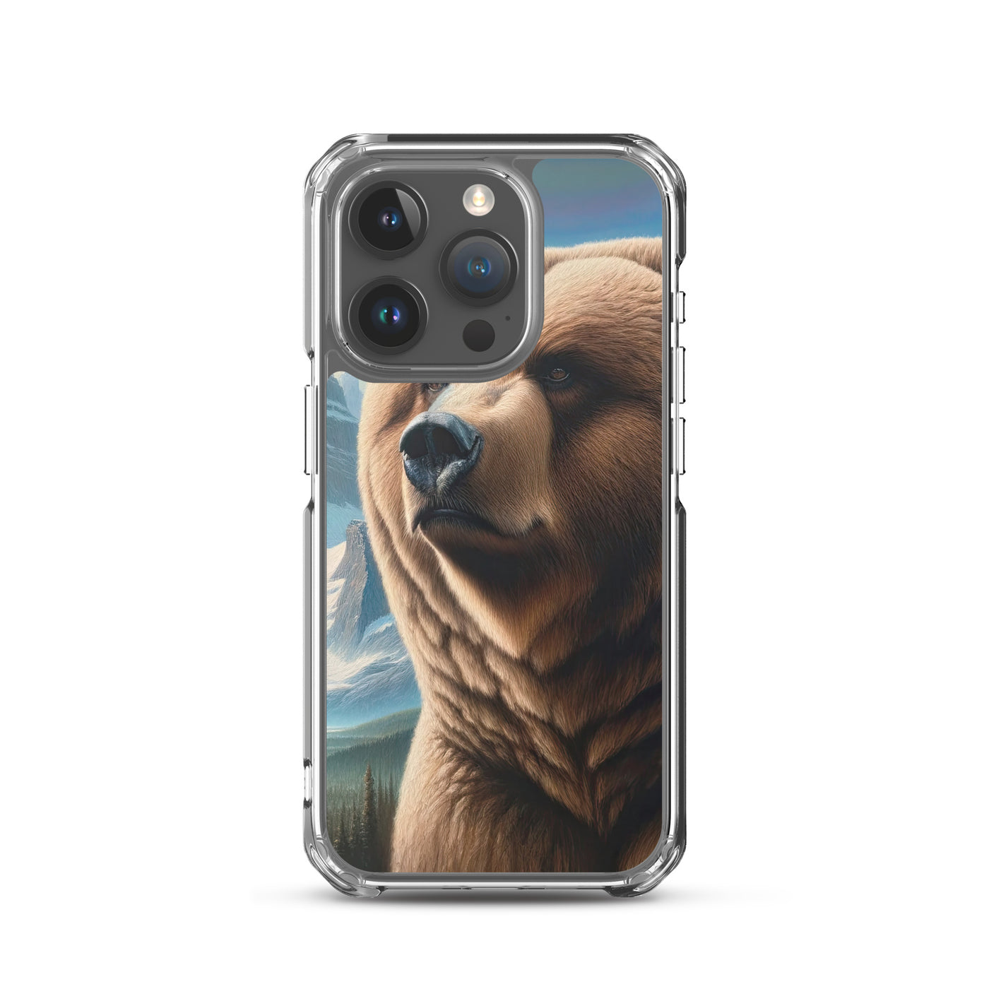 Realistisches Ölgemälde eines männlichen Bären in den Bergen mit Fokus auf Stärke und Schärfe - iPhone Schutzhülle (durchsichtig) camping xxx yyy zzz iPhone 15 Pro