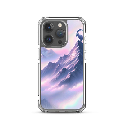 Pastellzeichnung der Alpen im Morgengrauen mit Steinbock in Rosa- und Lavendeltönen - iPhone Schutzhülle (durchsichtig) berge xxx yyy zzz iPhone 15 Pro