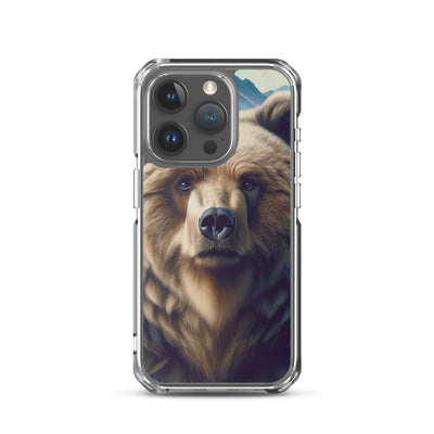 Foto eines Bären vor abstrakt gemalten Alpenbergen, Oberkörper im Fokus - iPhone Schutzhülle (durchsichtig) camping xxx yyy zzz iPhone 15 Pro