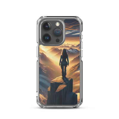 Fotorealistische Darstellung der Alpen bei Sonnenaufgang, Wanderin unter einem gold-purpurnen Himmel - iPhone Schutzhülle (durchsichtig) wandern xxx yyy zzz iPhone 15 Pro