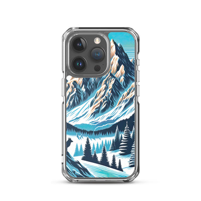 Vektorgrafik eines Wolfes im winterlichen Alpenmorgen, Berge mit Schnee- und Felsmustern - iPhone Schutzhülle (durchsichtig) berge xxx yyy zzz iPhone 15 Pro